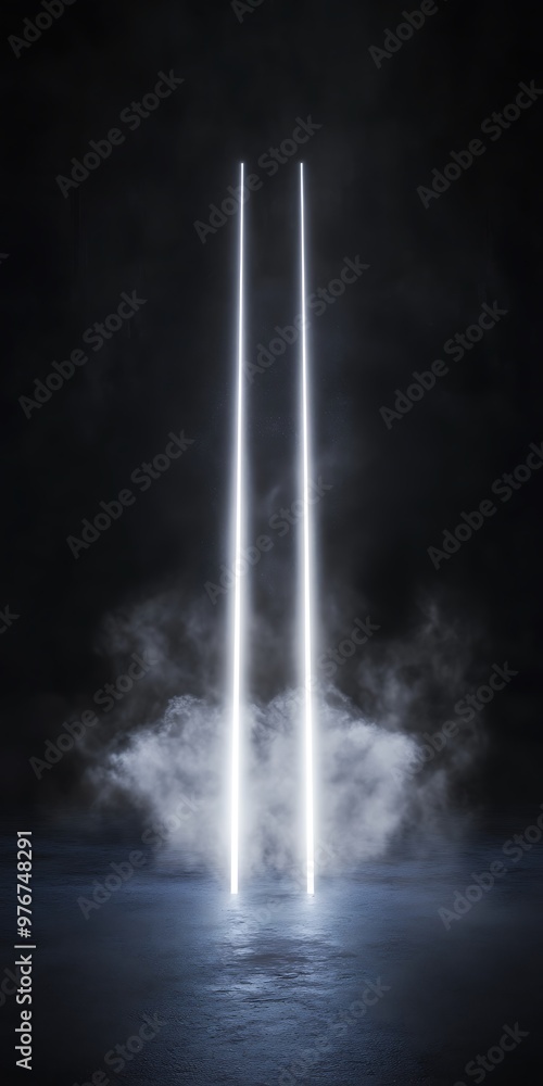 Poster two parallel beams of light illuminate a dark, smoky setting, creating an ethereal and mysterious at
