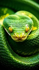 Fototapeta premium The close-up showcases a green snake featuring bright yellow eyes, coiled against a rich green backdrop. Its scales glisten subtly in natural light