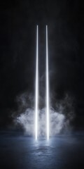 Two parallel beams of light illuminate a dark, smoky setting, creating an ethereal and mysterious atmosphere.