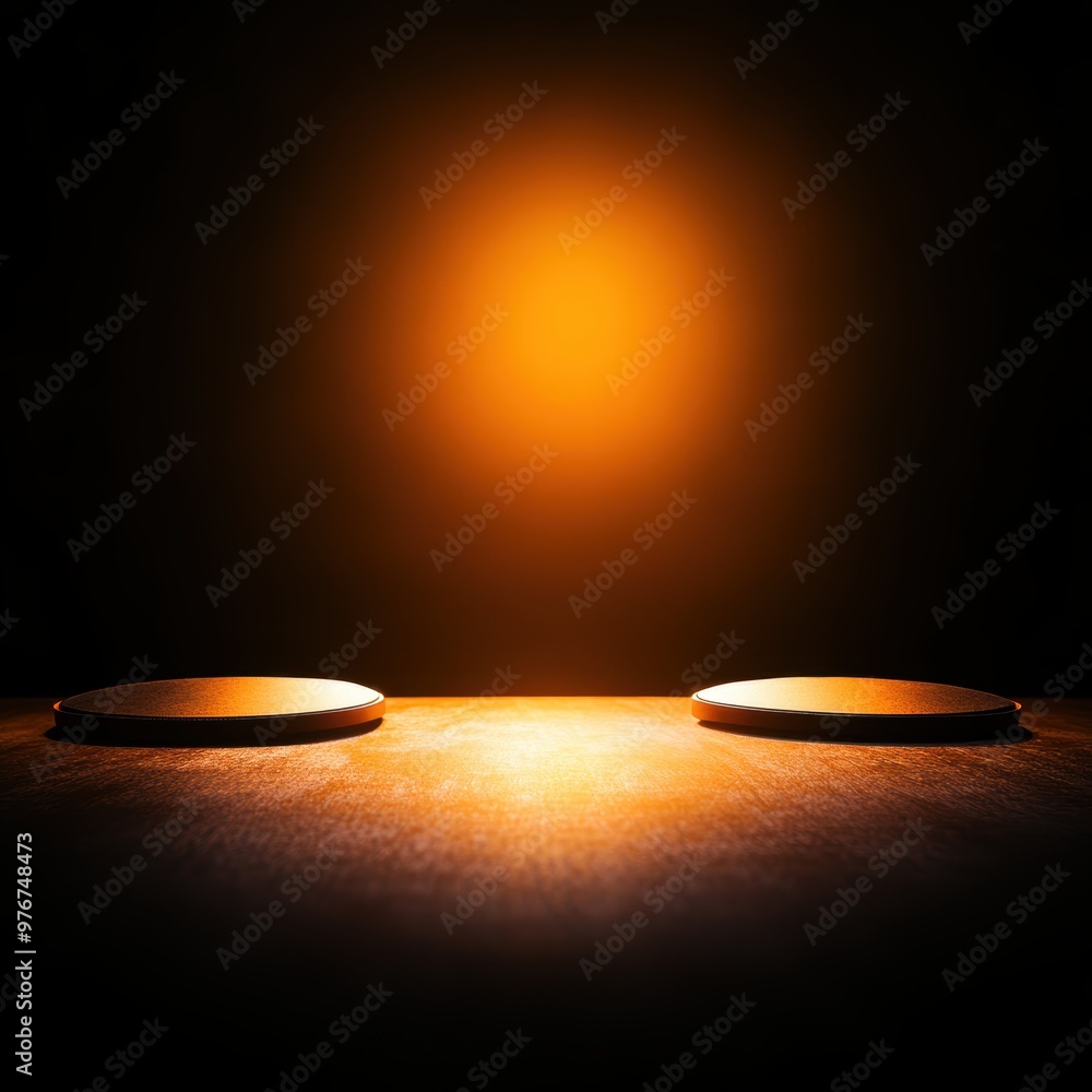 Poster a dramatic lighting scene featuring two circular objects illuminated by an orange glow, creating a c