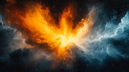 A stunning cosmic explosion featuring vibrant orange and blue hues, representing the beauty and chaos of the universe.