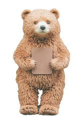 A brown teddy bear standing in front while holding a blank card.