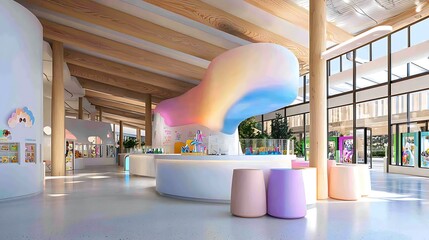 A modern adventure park with interactive digital attractions and neon-infused thrill rides promoting exciting travel