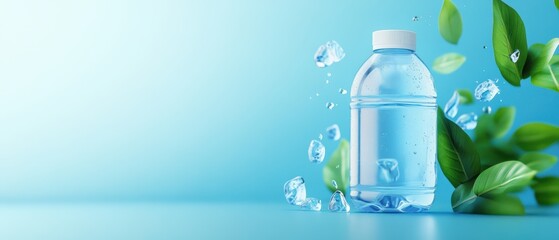 A fresh, clear bottle of water surrounded by vibrant green leaves, symbolizing hydration and nature's purity.