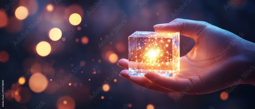 Poster a glowing cube held in a hand, radiating light and surrounded by a magical atmosphere of sparks and 