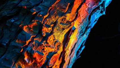 Naklejka premium Abstract background. Windows wallpaper, Vibrant, multi-colored bark on an bright orange and blue lights against a black. texture is detailed with deep grooves to its appearance.nature's beauty