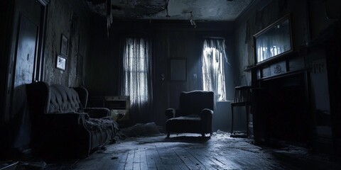 A dimly lit room with vintage furniture. The atmosphere is eerie and mysterious. Sunlight filters through dusty curtains, creating shadows. Perfect for a horror scene or ambiance. AI