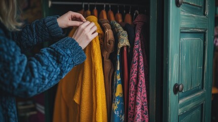 Fototapeta premium Woman selecting clothes from a vintage wardrobe. This photo can be used for blogs, articles, or social media posts related to fashion, style, or vintage clothing.