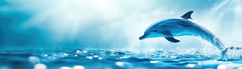 A joyful dolphin leaps gracefully from the ocean's surface, surrounded by shimmering blue water under a radiant sky.