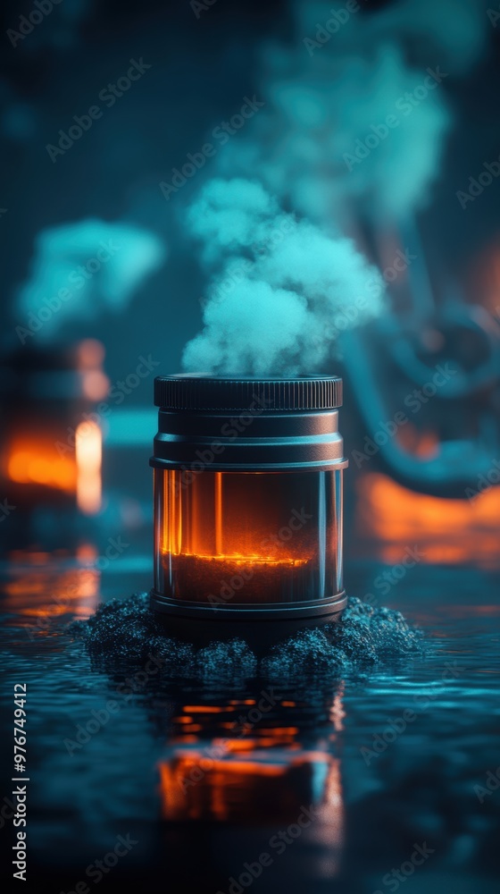 Poster a mesmerizing jar emits colorful steam, creating a surreal atmosphere with dramatic lighting and ref