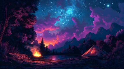 Obraz premium Futuristic campsite scene with a digital hologram grill cooking marshmallows under a vibrant, star-filled sky, neon lighting, cyberpunk style, detailed, high contrast