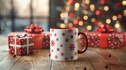 Festive Christmas mug with red snowflakes surrounded by gift boxes on wooden table