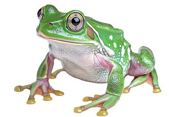 Obraz premium Close-up of a green and white frog with large eyes on clearly background.