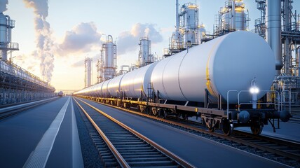 Obraz premium A freight train carrying large white tankers in an industrial setting, surrounded by smoke stacks under a clear blue sky.
