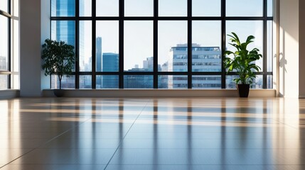 A modern office space with large windows, sunlight streaming in, and green plants creating a serene atmosphere.