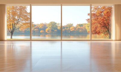 Serene Autumn View Through Large Windows Overlooking a Tranquil Lake Surrounded by Colorful Trees