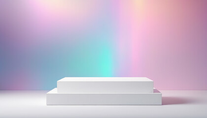 White rectangle podium on iridescent background, minimalist design template.