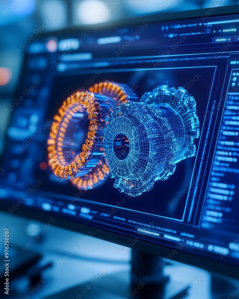 Poster futuristic digital display showcasing rotating mechanical components with vibrant colors and intrica