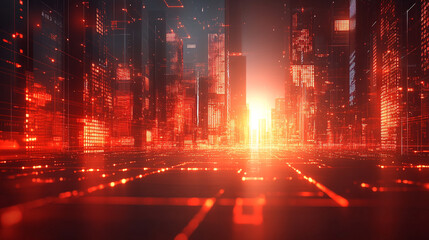 Fototapeta premium Stunning digital cityscape illuminated by a bright orange sunset, showcasing futuristic architecture and vibrant neon lights.