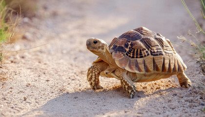 Fototapeta premium Leopard Tortoise Walking on a Sandy Path in the Afternoon Sun and Copy Space