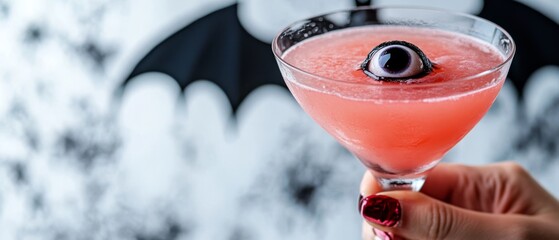 A hand gracefully presents a pink cocktail featuring a unique eyeball garnish, set against a backdrop of playful bat wings, perfect for Halloween festivities