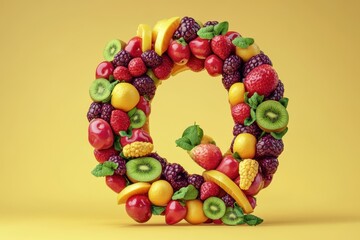A fruit salad is arranged to spell out the letter Q