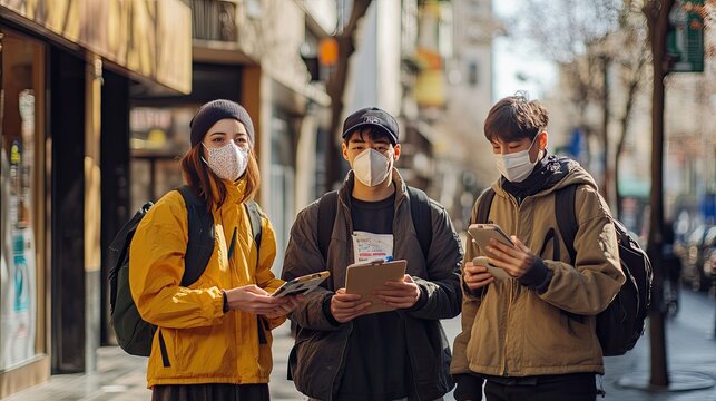 Three young adults wearing face masks walk down a city street. This photo illustrates the impact of the COVID-19 pandemic on everyday life. - Powered by Adobe