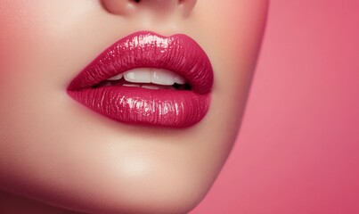 Obraz premium Elegant Close-Up of Glossy Pink Lips With Makeup Against a Soft Pink Background