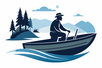 A sailor drives a boat on the river silhouette on a white background 