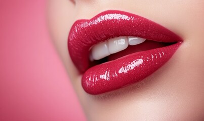 Obraz premium Glossy Red Lips With a Bright Smile Against a Soft Pink Background During a Beauty Showcase