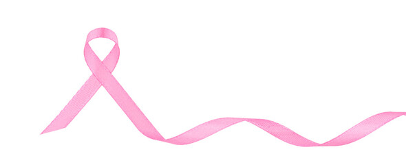 Pink ribbon symbolizing breast cancer awareness on a plain white background