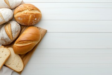 Background with fresh bread and copy space, top view. Bakery products. Fresh pastries