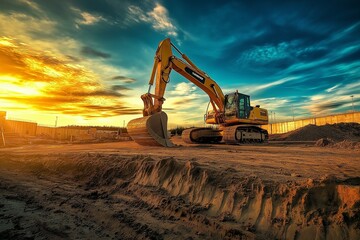 A crawler excavator is working on a construction site. Construction equipment. Digging trenches and ditches by machine