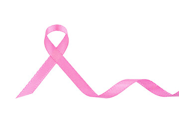Pink ribbon symbolizing breast cancer awareness displayed on a white background