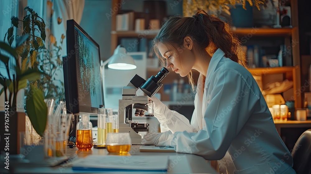 Aufkleber a scientist working in a lab, looking at a microscope. this photo is perfect for representing scienc