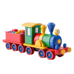 Colorful toy train with a cargo carriage for children playtime