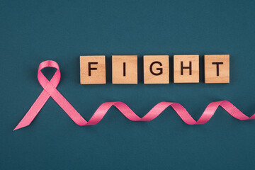Supportive message conveying hope and strength with pink ribbon and letters on a teal background