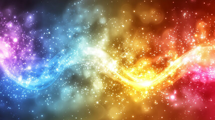 A vibrant abstract background featuring flowing waves of colorful light, creating a magical and ethereal atmosphere.