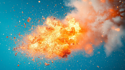 Fototapeta premium A vibrant explosion of color featuring dynamic orange flames and smoke against a striking blue background.