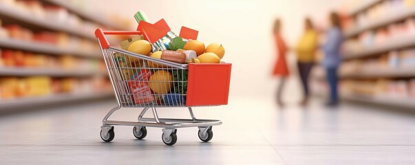Rising cost of living shown with a grocery cart filled with essential items and rising price tags