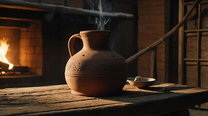 Clay jug filled with water resting on a wooden stool beside a hearth