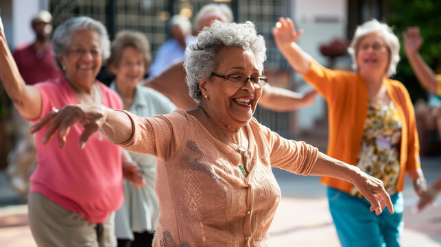Candid capture of a joyful group of seniors showing vitality while dancing, highlights companionship and active lifestyle in retirement, reflecting the spirit of elderly.