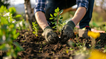 Person planting trees or working in community garden promoting local food production and habitat restoration, concept of Sustainability and Community Engagement.