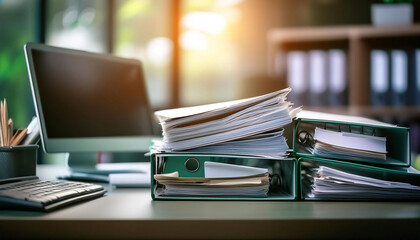 Record keeping and data management, featuring symbols like a file folder, documents, and a computer...