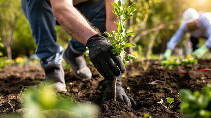 Naklejka premium Person planting trees or working in community garden promoting local food production and habitat restoration, concept of Sustainability and Community Engagement.