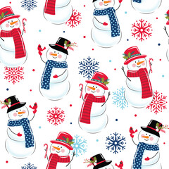 Christmas Cute Snowman Seamless Pattern with Cardinal bird and Candy Cane- Christmas Snowman Vector Illustration