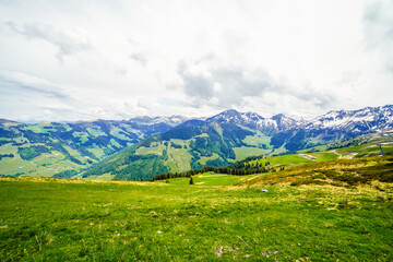 Landscape at the Wiedersberger Horn in the Alpbachtal. View of nature and the mountains and the Zillertal Alps near Alpbach in Austria.
