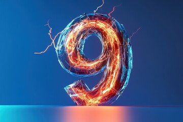 The number nine is made of broken pieces of glass and is surrounded by sparks