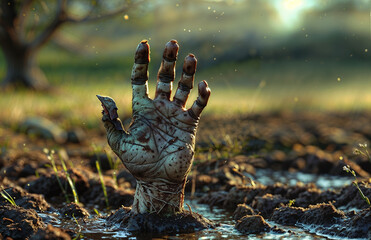Obraz premium Zombie hand in the mud, halloween concept, selective focus.
