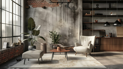 Living room interior in loft, industrial style, 3d render.